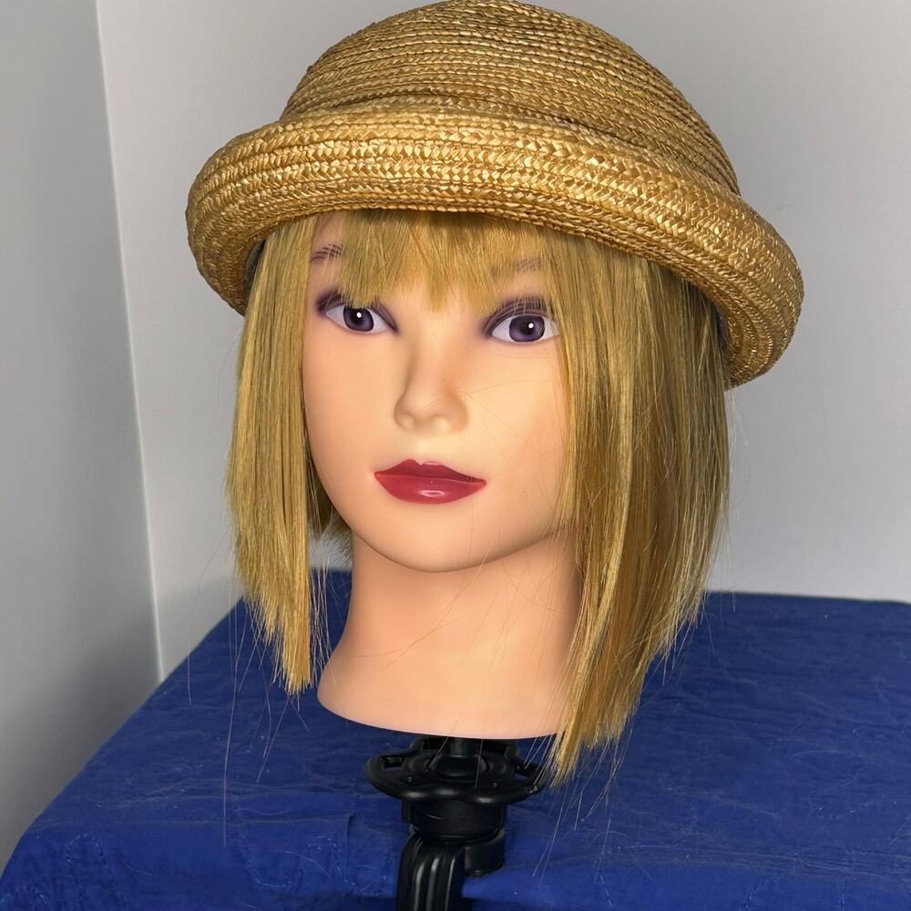 Vintage Style Straw Cloche Hat Rolled Brim Boho Coastal Cottagecore Tan